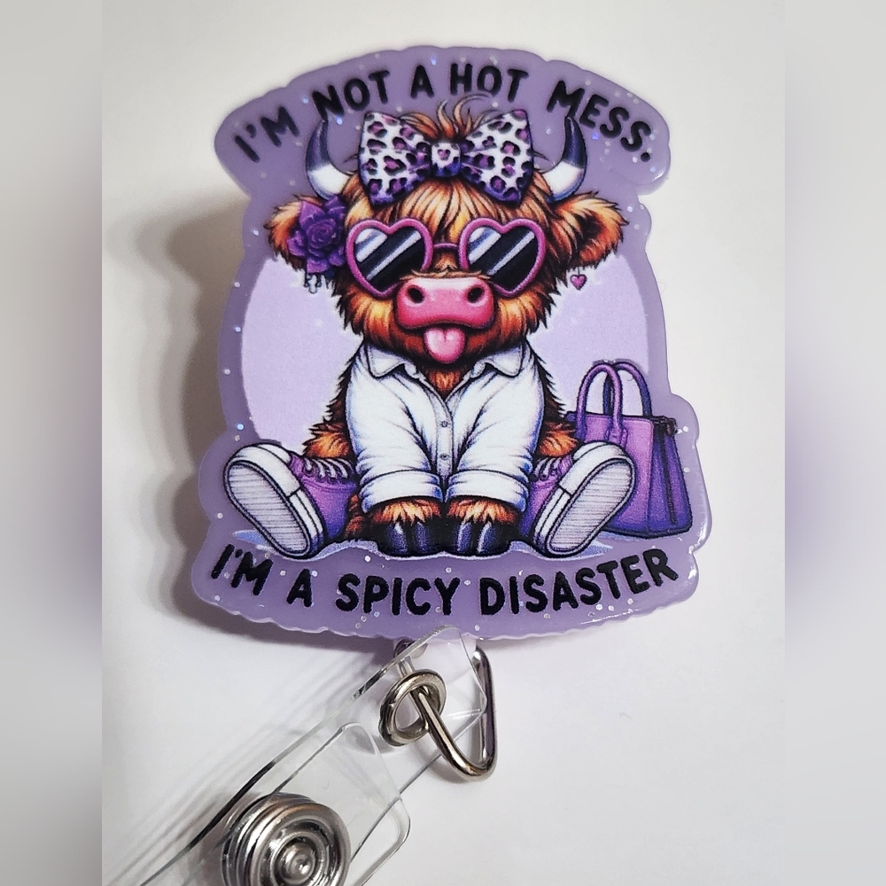 Cow Hot Mess Badge Reel Spicy Disaster Funny ID Holder Alligator‎ Clip